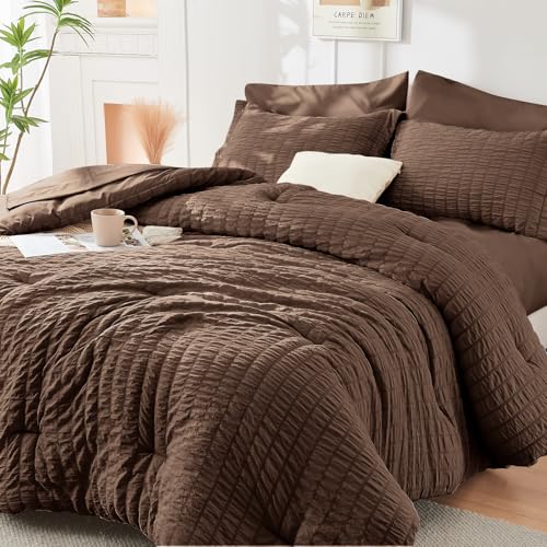 Image of HYMOKEGE Dark Brown Twin XL Comforter Set Seersucker 5 Pieces, All Season Luxury Bed in a Bag for Bedroom, Bedding Set with Comforter, Sheets, Pillowcase & Sham