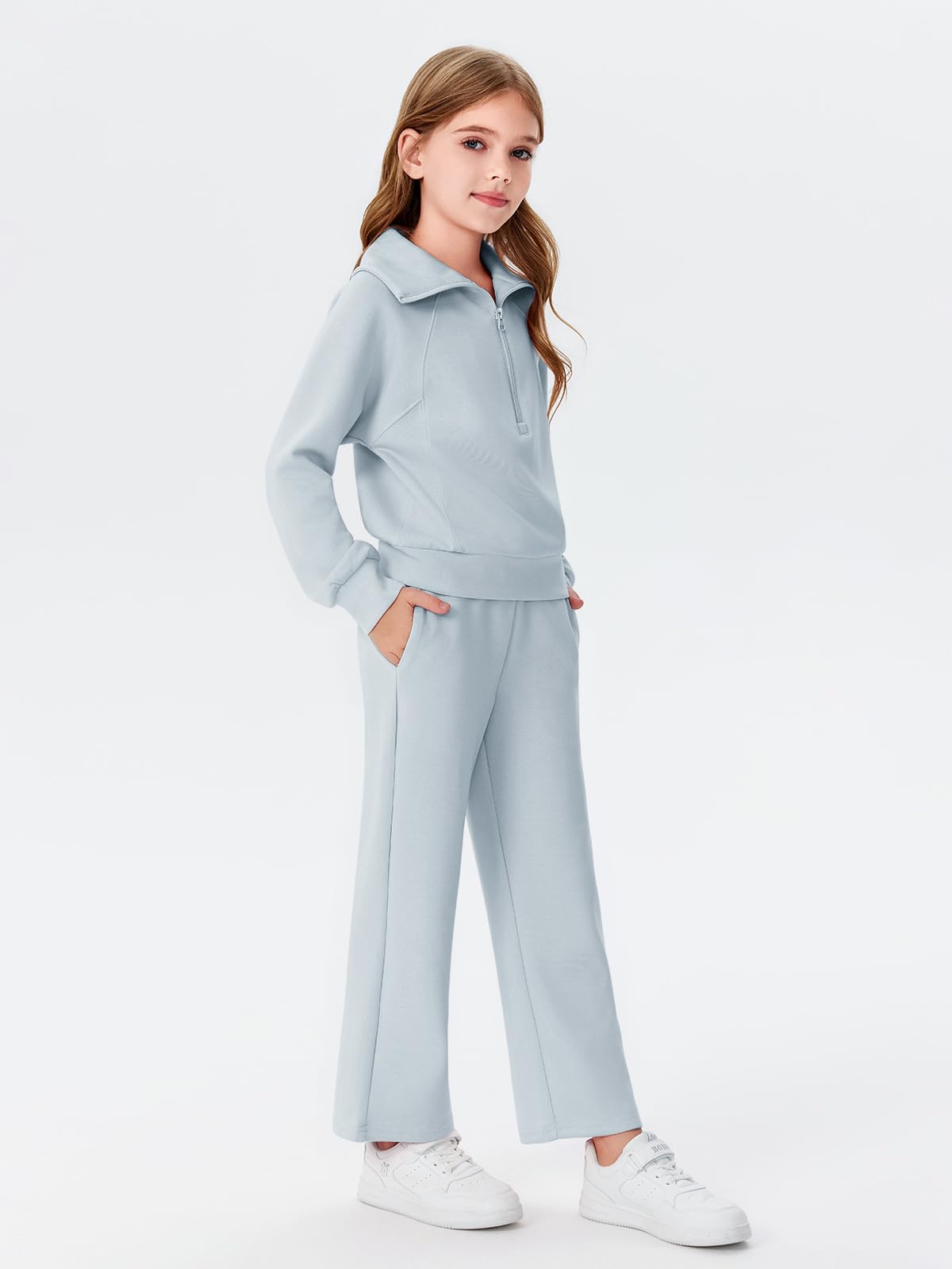 Haloumoning 2-teiliges Mädchen-Outfits, Sweatanzug, halber Reißverschluss, langärmelig, Sweatpants, Trainingsanzug-Set, 5–14 Jahre | Halber Reißverschluss, Taillen-Kordelzug, Mädchen-Trainingsanzug