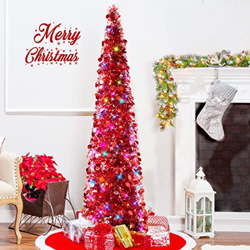 Yuqi 5Ft Christmas Pop Up Tinsel Trees Collapsible Reusable, Artificial Shiny Colorful Red Sequins Pencil Xmas Slim Tree Easy-Assembly With Plastic Stand For Home Apartment, Store, Wedding Decoration #TOP2
