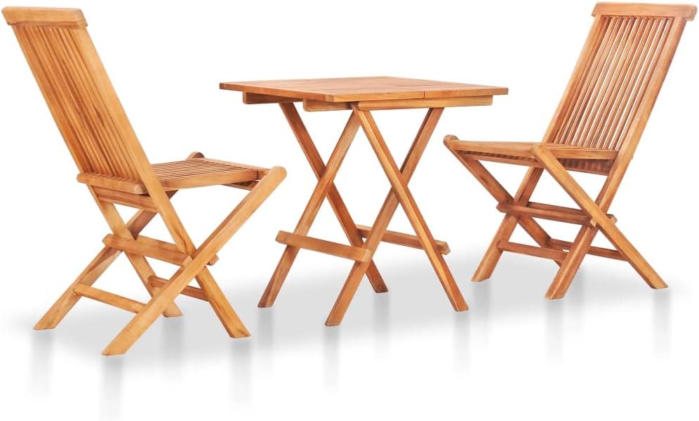 vidaXL 3 Piece Solid Teak Wood Folding Bistro Set Durable Weather Resistant Garden Terrace Outdoor Patio Wooden Picnic Table and Chair Furniture Set
