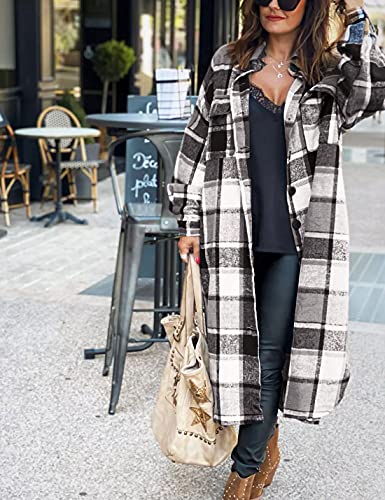 Mingzhu Womens Long Plaid Shacket Jacket Coat Button Down Oversized Shirts Peacoat(0066-Blackwhite-M) #TOP2