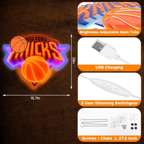 Image of Basketball Team Neon Sign, Sport Light Up Dimmable NY Basketball Team Logo Hanging USB Powered Led Neon Sign for Wall Decor, Bedroom, Man Cave, Party, Birthday Party Christmas Merch Deco Gift for NY Boys Teens Fans