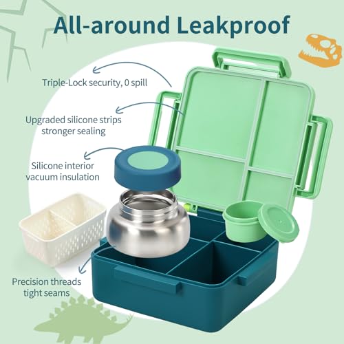 Image of Lunch Box with Thermos, [Large Capacity] Insulated Bento Box Kids with 4 Compartment for Ages 3+, Drop-Proof & Dishwasher Safe Lunchbox Container Green