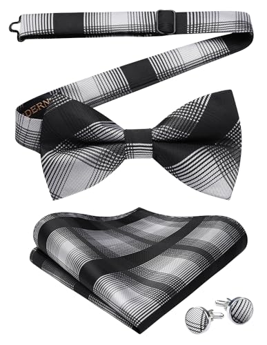 Image of HISDERN Mens Plaid Bow Tie Set Pocket Square and Cufflinks Bowtie | Pretied Bowties Design for Easy Wear,Check Pattern,Matching Handkerchief Cuff Link,3PCS Set Wedding Formal Party Groom Prom