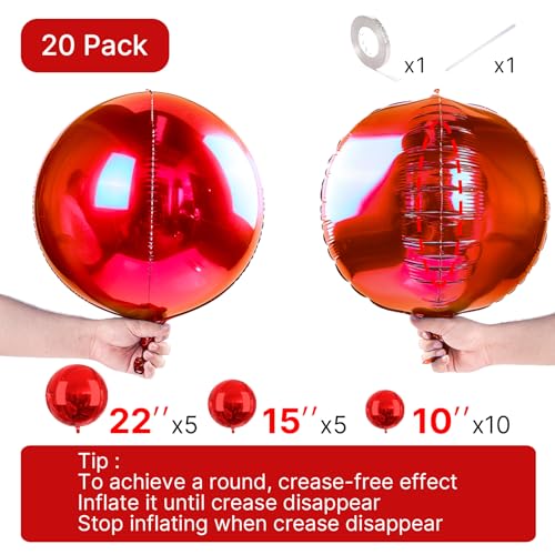 Image of PartyWoo Red Large Round Giant Foil 4D Balloons 20pcs Different Sizes | 22 15 10 Inch for Graduation Birthday Anniversary Casino Baby Shower Wedding Bridal Shower Gender Reveal Party Decorations