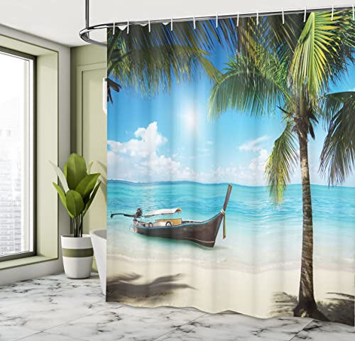ABAKUHAUS Nautical Shower Curtain, Small Boat in the Atlantic Ocean Dominican Sunny Sea and Palm Trees Image - Image 4