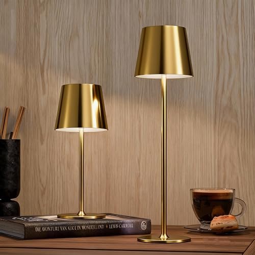 2 Pack Gold Cordless Table Lamp Rechargeable, Metal Small Bedside Table Lamp with 3 Adjustable Pole, 5400mAh Battery Operated Touch Lamp for Bedroom Kitchen Dining Waterproof & Portable