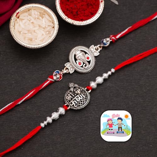 Image of CraftVatika Ganesha Silver Rakhi for Brother Krishna Rakhi for Bhaiya Silver Rakhi Set of 2 for Bhai Boy Kids Rakhi Combo Rakshabandhan Rakhi Set, Fridge Magnet for Door Decor