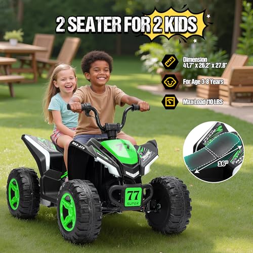 Image of Kids ATV 4 Wheeler, Two Seater 24V Ride On Toy for Big Kid w /Unique LED Light, Music, Wireless, Story, 24 Volt Ride on Car Electric Quad for Boys Girls (Green)