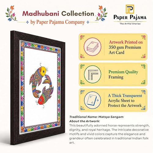 Image of PAPER PAJAMA Koi Moi Fish Pair Wall Art for Living Room | Madhubani Fish Painting | Traditional Mithila Folk Art Aquatic Artwork Framed Decor for Home, Office & Bedroom (10x13 Inches)