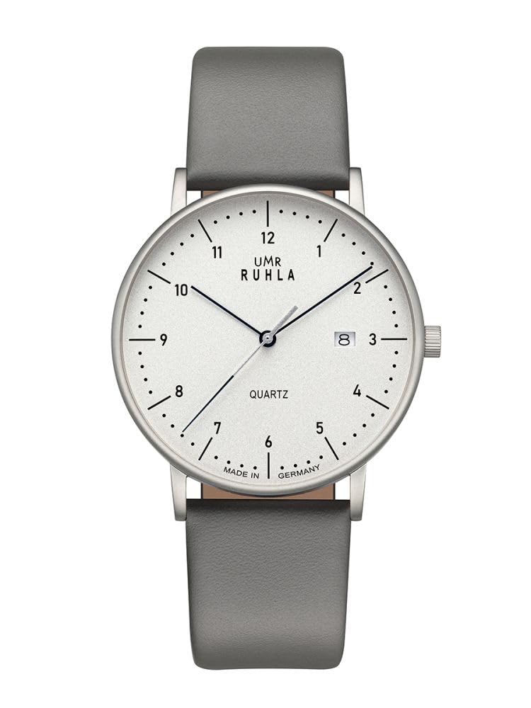 UMR RUHLA 30431 gr - Eleganz trifft Präzision – Stilvolle Armbanduhr mit 705 Quarzwerk - Edelstahlgehäuse - weißes Zifferblatt - Mineralglas - graues Lederarmband - Made in Germany