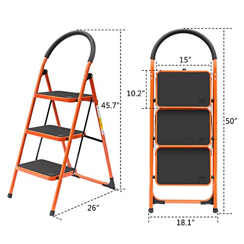 Luisladders Folding 3 Step Ladder Portable Space Saving Lightweight Ladders with Sturdy Steel and Anti-Slip Wide Pedal, Multi-Use for Household, Market, Office (330 Lb)