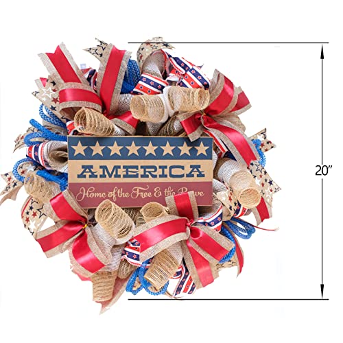 Idyllic 20 Inch Patriotic Burlap Mesh Wreath For Front Door, Rustic And Farmhouse Memorial Day Red White Blue Wreath For Indoor And Outdoor Home Decor, American Flag Wood Signal Wreath For Home Decor #TOP1