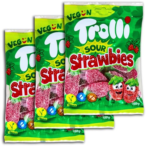 3 er Pack Trolli Sour Strawbies 3 x 150g sauer gezuckerte Fruchtgummi-Erdbeeren