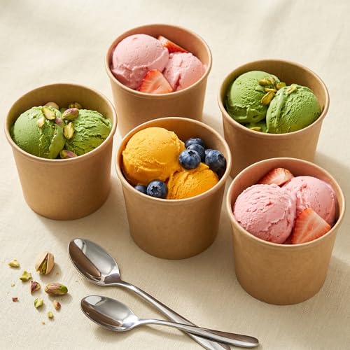 Image of PakTalk 50 Pack Soup Containers with Lids, Disposable and Biodegradable Ice Cream Cups Kraft 12oz Paper Soup Bowls with Lids for Hot Drinking, Food, and Ice Cream (50 sets, 12 oz)