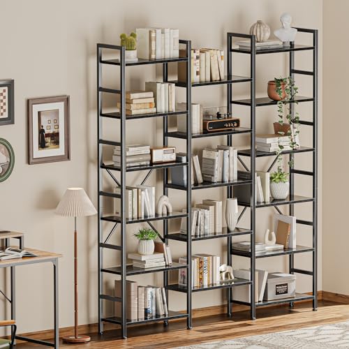 Image of SUPERJARE Triple Bookshelf, Bookcase with 17 Open Display Shelves, Wide Book Shelf Book Case for Home & Office, 6 Tier, Black, ABC003B