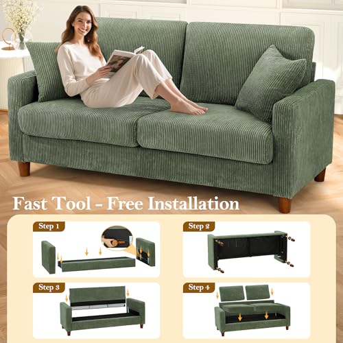 Image of Kidirect 70in Corduroy Couch, Sofas for Living Room No Tool Assembly, Comfy Couches for Living Room 21in Deep Seats, Oversized Loveseat Sofa with 2 Pillows, 3 Seater Couch for Bedroom, Oliver Sofa
