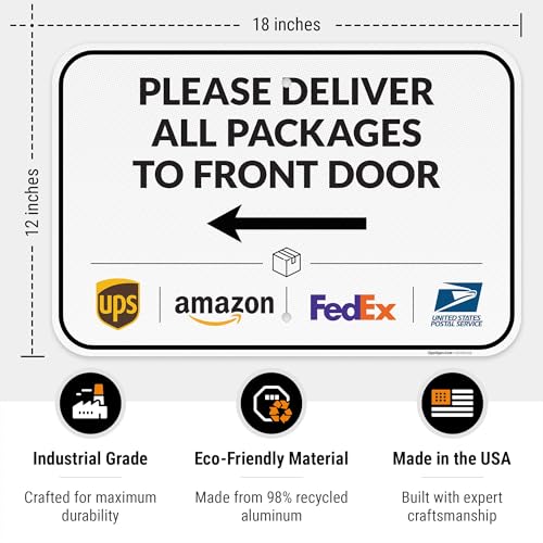 Image of Package Delivery Sign, Delivery Instructions Deliver All Package to Front Door Left Arrow Sign, 12x18 Inches, 3M EGP Reflective .063 Aluminum, Fade Resistant, Made in USA by Sigo Signs