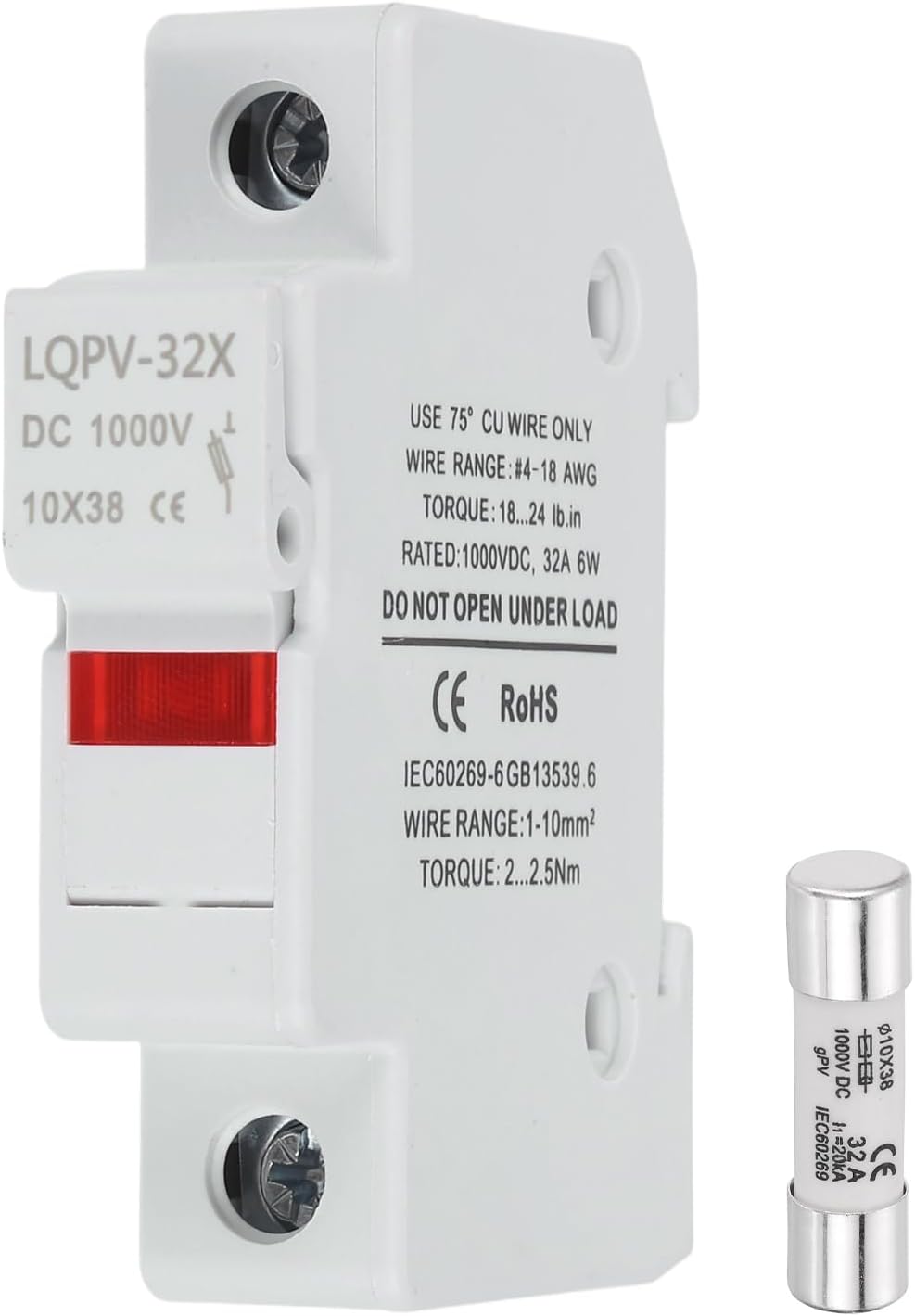 sourcing map Din Rail Fuse Holder with 1 Core Block,10x38mm 4-18AWG Single Pole Solar/Photovoltaic Fuse Holder DC 1000V 32A with Light Indicate for Solar PV Systems Battery Protect