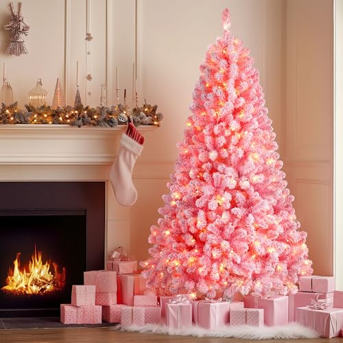 Image of SHareconn 6ft Snow Flocked Spruce Pre-lit Artificial Christmas Tree, Pink | 250 Warm White Incandescent Lights, 772 Branch Tips, Foldable Metal Stand, Full Snow Flocked Xmas Tree for Holiday Decor