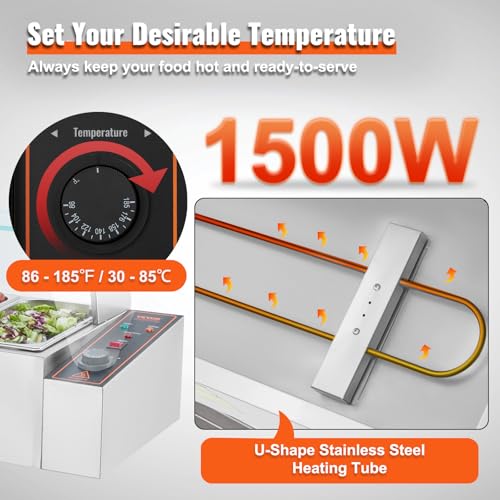 VEVOR kommerzieller Speisenwärmer mit 6 Behältern (je 5 Qt / 1/3 Größe), elektrischer Dampftisch mit Glasabdeckung, 1500 W Arbeitsplatte Edelstahl, Buffet-Bain-Marie, 30–85 °C Temperaturregelung – Bild 4