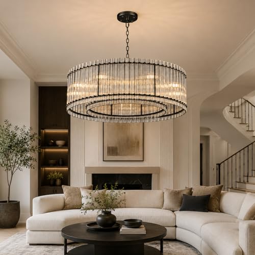 Image of 48-Inch Ripple Glass Chandelier, 2-Tier 10-Light Large Black Round Chandelier for Dining Rooms, Living Rooms, Foyers, Staircases, Open-Concept Spaces & High Ceiling