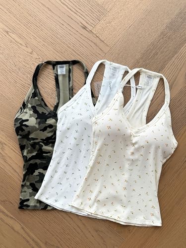 Image of Danysu V Neck Racer Back Tank Top for Women Padded Ribbed Long Tank Fitted Basic Cami Tops