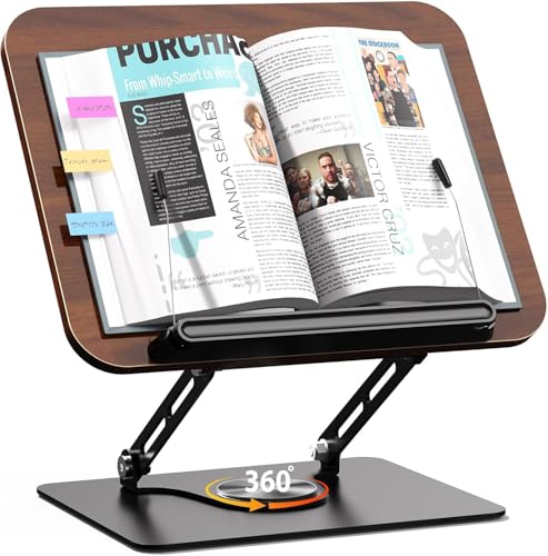 Moonmen Book Stand for Reading Adjustable Book Holder with 360 Rotating Base and Elastic Page Clips Foldable Book Holder Stand for Recipe Cookbooks Textbook Tablets Laptops (Dark Wood)