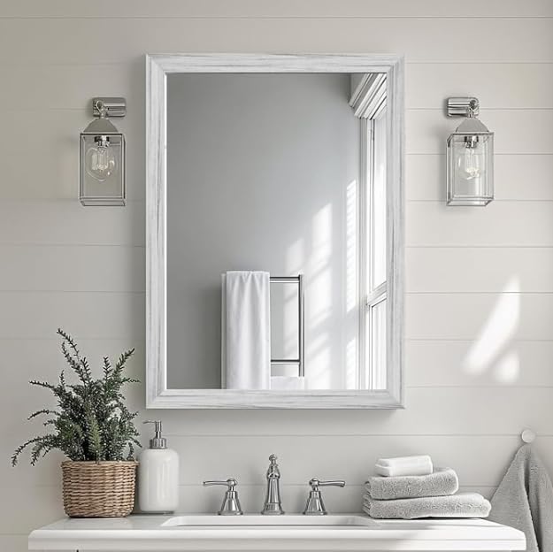White Wood Effect Framed Wall Mirror 24x32 Rectangle Mirror Anti-desilvering Tempered Glass Sustainable Sturdy Frame Anti-Rust HD Reflection