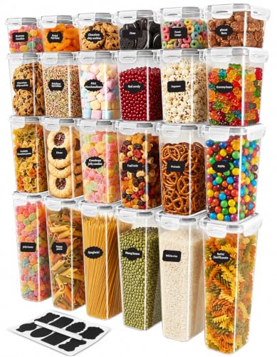 KICHLY Plastic Airtight Food Storage Containers Sets with Lids – 24 Pack BPA-Free Kitchen Pantry Organizers and Storage for Cereal, Flour, Sugar & Dry Food (Clear)