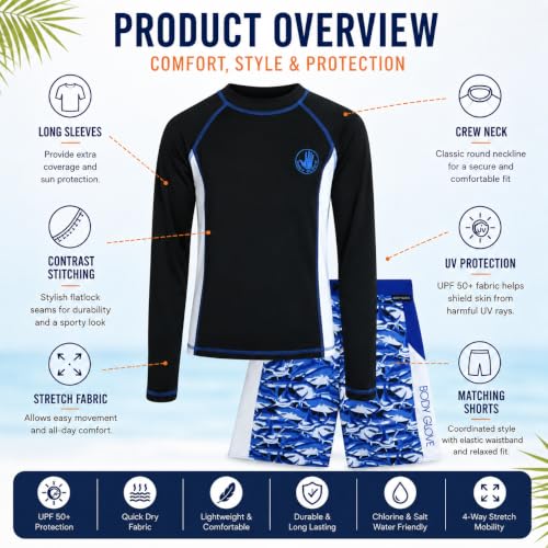 Image of Body Glove Boys Swim Set - 2 Piece Boys Swim Trunks with Rash Guard UV Protection Swimsuit Kids Bathing Suits (Sizes 4-12)