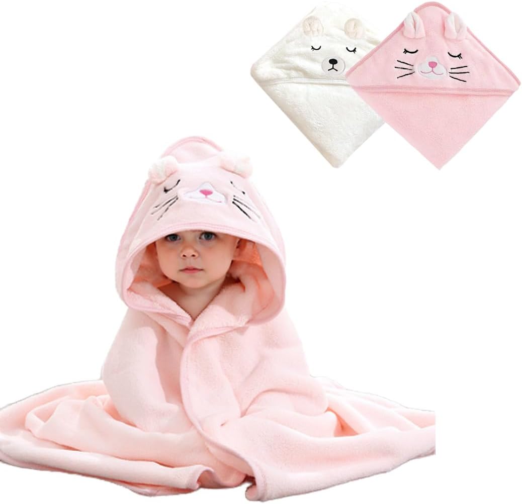 2 Pcs Hooded Baby Towel, Absorbent Baby Towel with Hood, Animal Design Cute Baby Bath Towel, Soft baby towels newborn for Baby Boys Girls 31.5 x 31.5 Inch (Cat+Bear)
