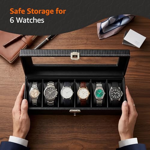 Image of Amazon Basics Sliding Drawer 6-Slot Watch and Jewelry Organizer - Faux Leather & MDF Storage Box for Men and Women, Black