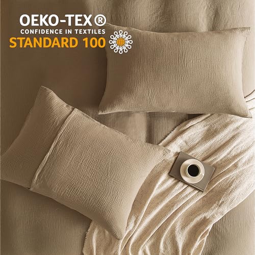 SE SOFTEXLY Muslin Duvet Cover Twin Size, 100% Washed Cotton Duvet Cover Set, Ultra Soft Comforter Cover Linen Like, 2 Pieces Minimalist Gauze Duvet Cover with 1 Pillowcase, 68"x90", Light Brown