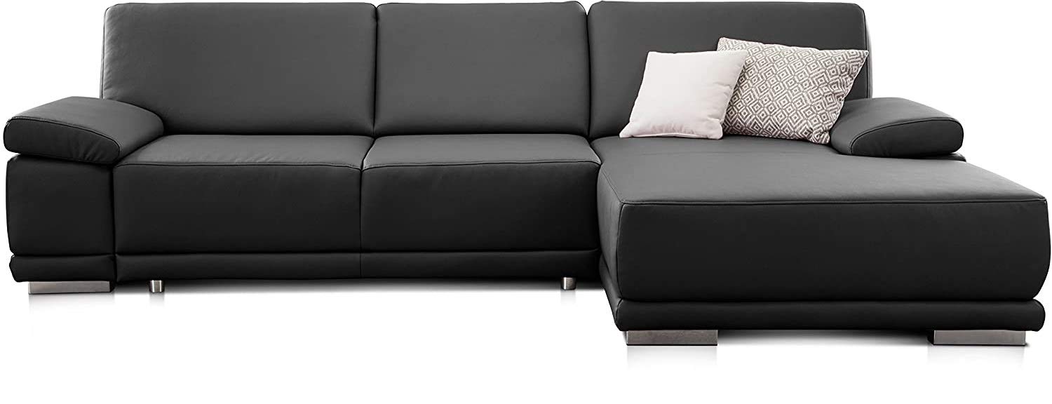CAVADORE Ecksofa Corianne in Lederoptik / Couch inkl. Armteilverstellung und Longchair in modernem Design / 282 x 80 x 162 / Kunstleder, schwarz