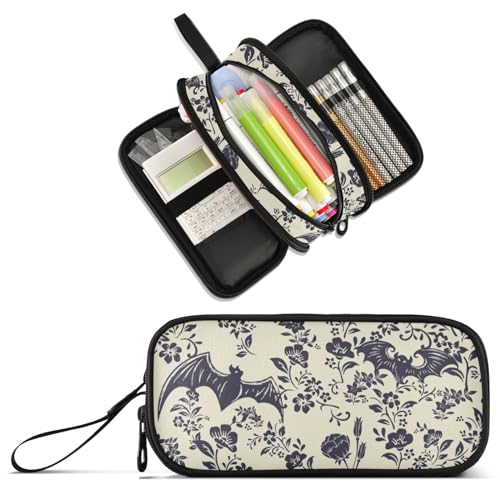 Image of Goth Bat Flowers Large Capacity Pencil Case Pencil Pouch Pen Box | 3 Compartment Large Storage Pencil Bag for Adults School Office Teen Girl Boy Men Women
