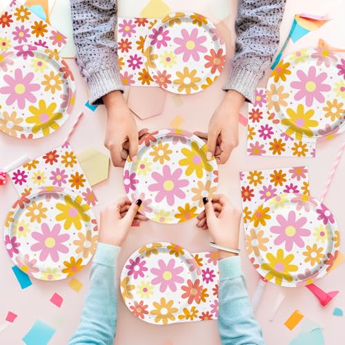 Image of 150pcs Groovy Daisy Birthday Party Paper Plates Napkins Set, Serve 50 Guest