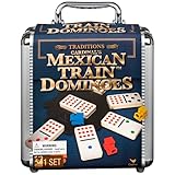 Spin Master Games, Mexican Train Dominoes Set in Aluminum Carry Case, Includes Colorful Trains for Fun-Filled Family Game Night, for Kids & Family, 2-8 Players, for Ages 8 & Up