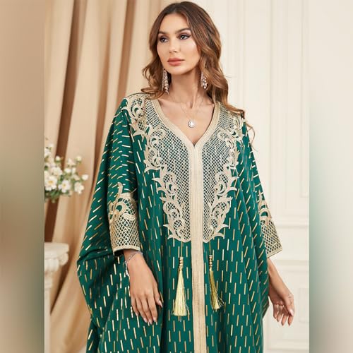 Image of OBEEII Muslim Dress for Women Loose Batwing Sleeved Hooded Beaded Embroidery Long Abaya Dress Kaftan Abayas Islamic Robe