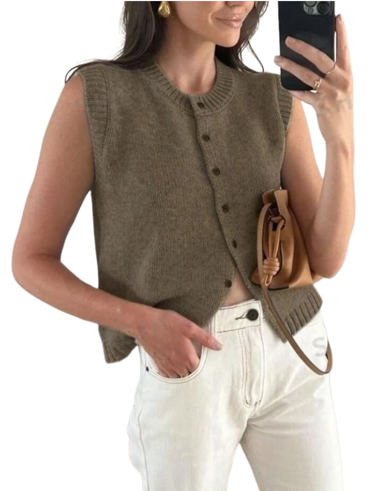 ZAFUL Sweater Vest Women 2024 Winter Crewneck Sleeveless Button Front Knit Vests with Pockets