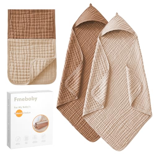 Image of Fmebaby 2 Pack Muslin Hooded Baby Bath Towels and 2 Pack WashCloth Set, 36x36 Inch Soft Cotton Bath Towel Baby Wipes Absorbent Bath Face Towels Burp Cloths Face Towels for Girl Boy(Coffee and Apricot)