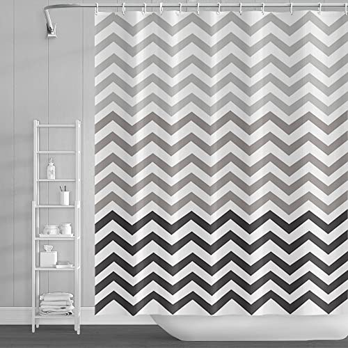 SDOTPMT 105x160cm Rideau de Douche Vague Rayure Gris Blanc - Pente Horizontal Ondulé Zigzag Abstrait Géométrique pour Enfants Salle de Bains - Polyester avec Crochets