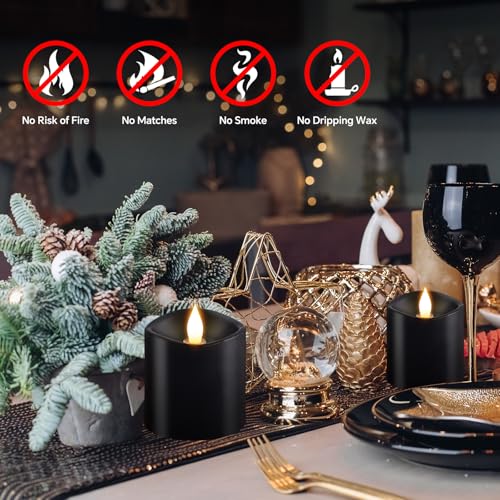 Image of 3x3 Flickering Flameless Candles Set of 2, Real Wax LED Candles,with Timer, 3 inch Flameless Candles with Remote,Battery Operated Candles, for Party /Wedding,Black