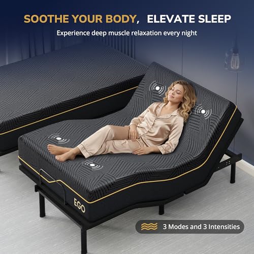 Image of EGOHOME Massage Split King Adjustable Bed Frame and 12 inchMemory Foam Mattress | Independent Head and Foot Incline, Zero Gravity, 12 inch Adjustable Legs, No Headboard, Wireless Remote,USB Ports