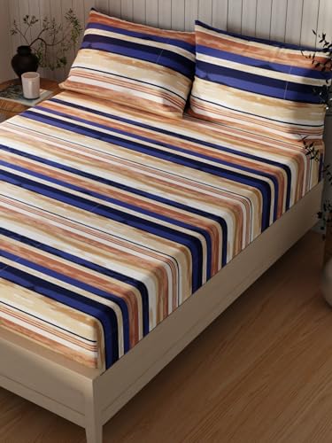 Image of KOPA Extra Smooth Cotton Double Bedsheet with 2 Pillow Covers -3pc Set (Lopez) | Extra Smooth Cotton | 1 Double Bedsheet with 2 King Size Pillow Covers Stripe-lt.Brown