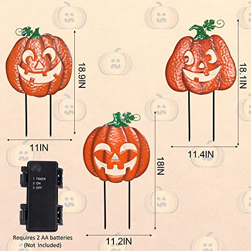 Juegoal 3 Pack Halloween Lighted Pumpkin Garden Stakes, Metal Jack-o-Lantern Light Up Outdoor Decor, Halloween Yard Signs with Battery Powered & Timer, Decorative Pumpkins Figurine for Lawn Pathway3