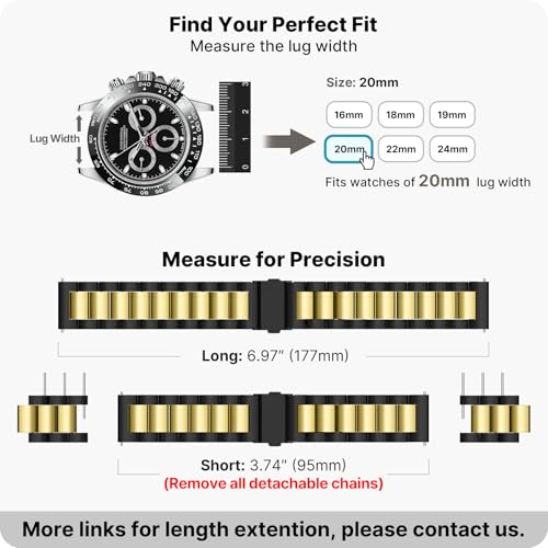 Image of Fullmosa 20mm Stainless Steel Watch Band, Quick Release Metal Replacement Strap with Removable Links, Includes Spring Bars & Link Removal Tool for Men Women (Black+Golden)