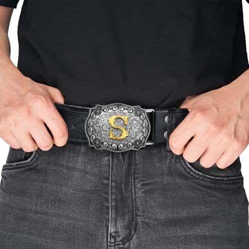 Image of Mens Western Cowboy Cowgirl Faux Leather Belt Longhorn Bull Pattern Letter Big Buckle Embossed Floral Belts