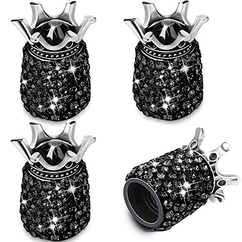 4 Pieces Bling Valve Stem Caps Handmade Crystal Rhinestone Tire Caps Diamond Crown Car Tire Valve Caps Attractive Dustproof Bling Car Accessories for Car Truck Automotive (Black)