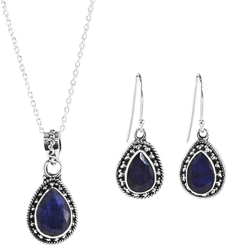 Sivalya AMALFI Raw Sapphire Necklace and Earrings Set in Solid Silver - Jewelry Set for Women in 925 Sterling Silver - Natural Teardrop Raw Blue